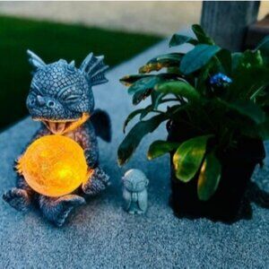 Garden Dragon Statues - Adorable Baby Resin Dragon Figurines, Holding Magic Orb